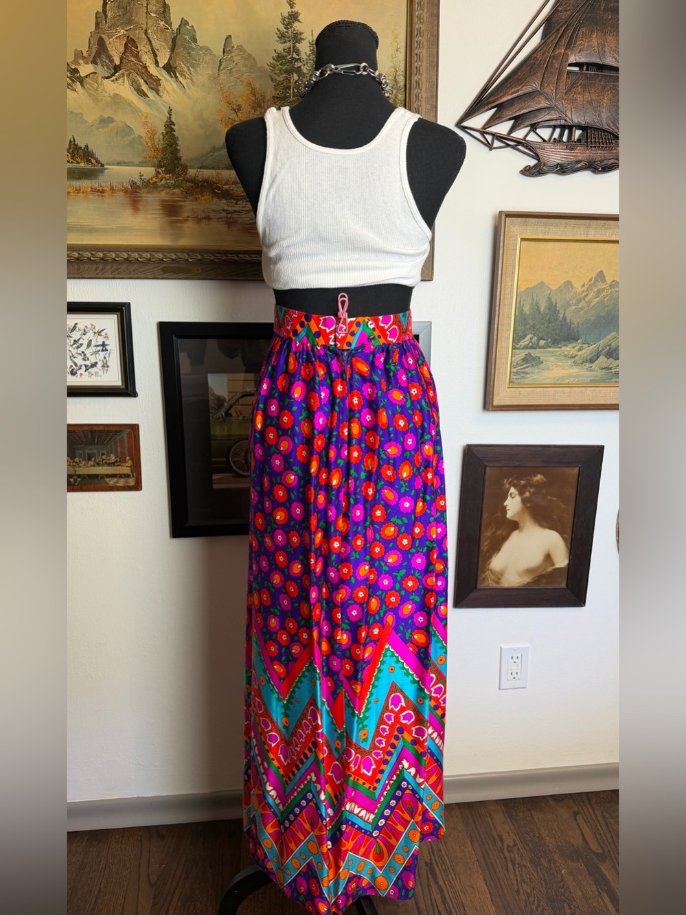 Vintage 1960s/70s Alex Colman California Mod Print Maxi Skirt XS 24" Waist - Picture 11 of 15